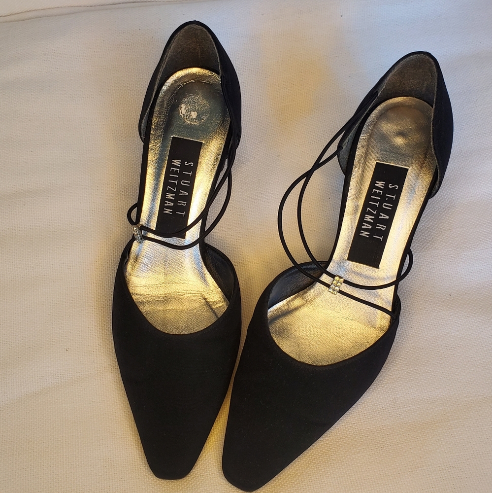 Stuart Weitzman 'Guipure' black strappy and crystal D'Orsay heels Size 6.5B